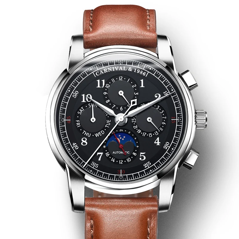 

Carnival Mechanical Switzerland Watch Men Phases Moon Display Genuine Leather Strap Double Calendar Multi-Function Wristwatch