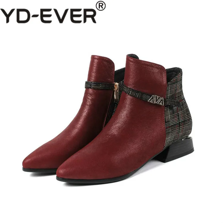 

YD-EVER 2019 women ankle boots cow leather pointed toe zippers autumn spring wine red color women boots female martin boots