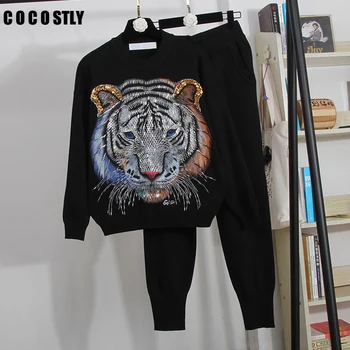 

Autumn Women Fashion Knitted Two Piece Set Streetwear Casual Pants Set Tiger Beading Sequins Suit Sets Women matching sets