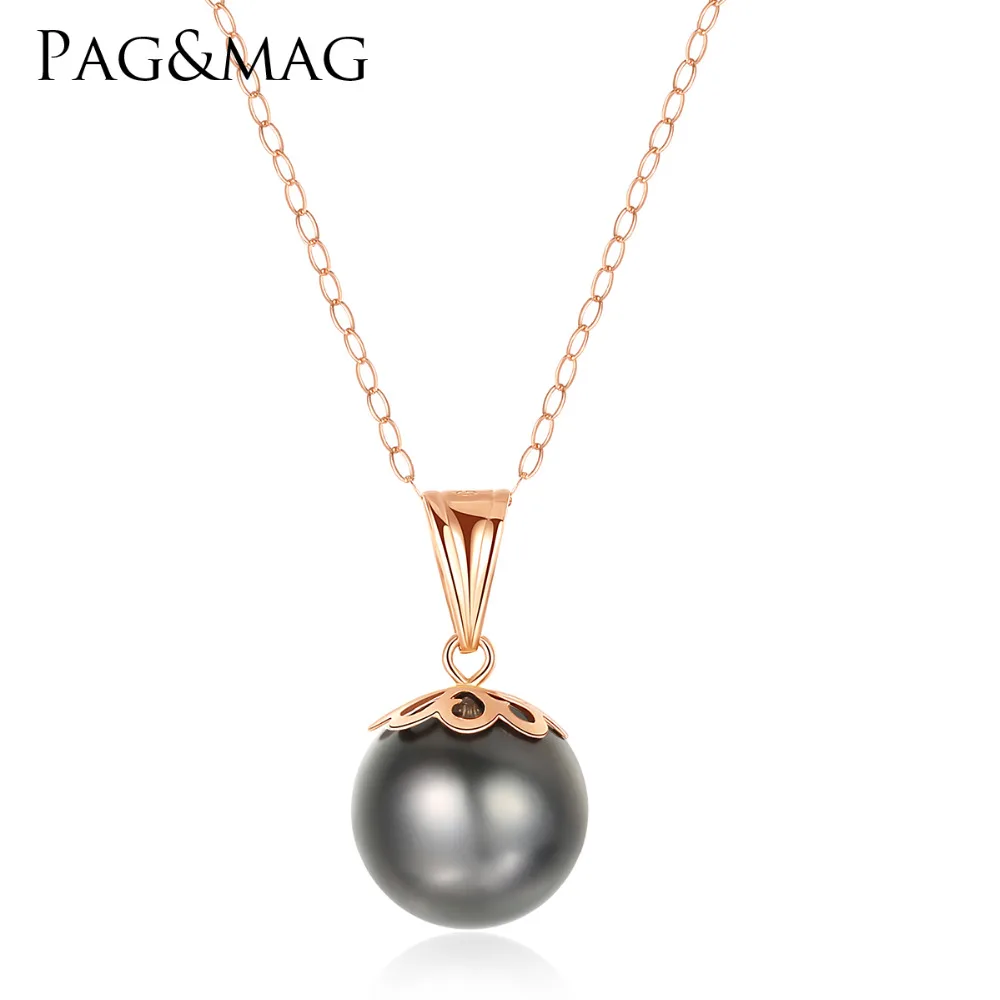

PAG&MAG Natural 9-10mm Black Round Tahitian Pearl Pendant Necklace for Women 18K Yellow Gold Chain Necklace Wedding Jewelry Gift