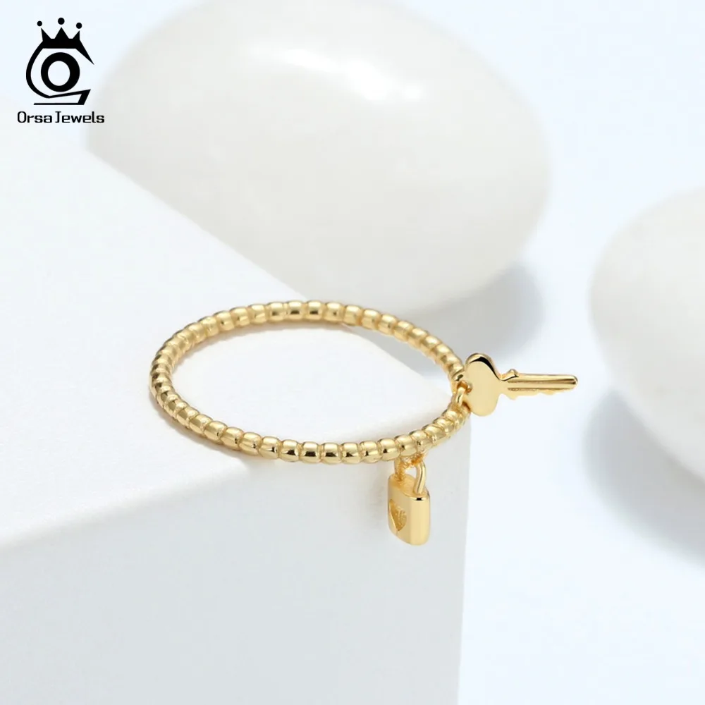 ORSA JEWELS Solid 925 Sterling Silver Rings For Women Key With Lock Shape 6MM Gold-color Luxury Shiny Female Party Jewelry SR104