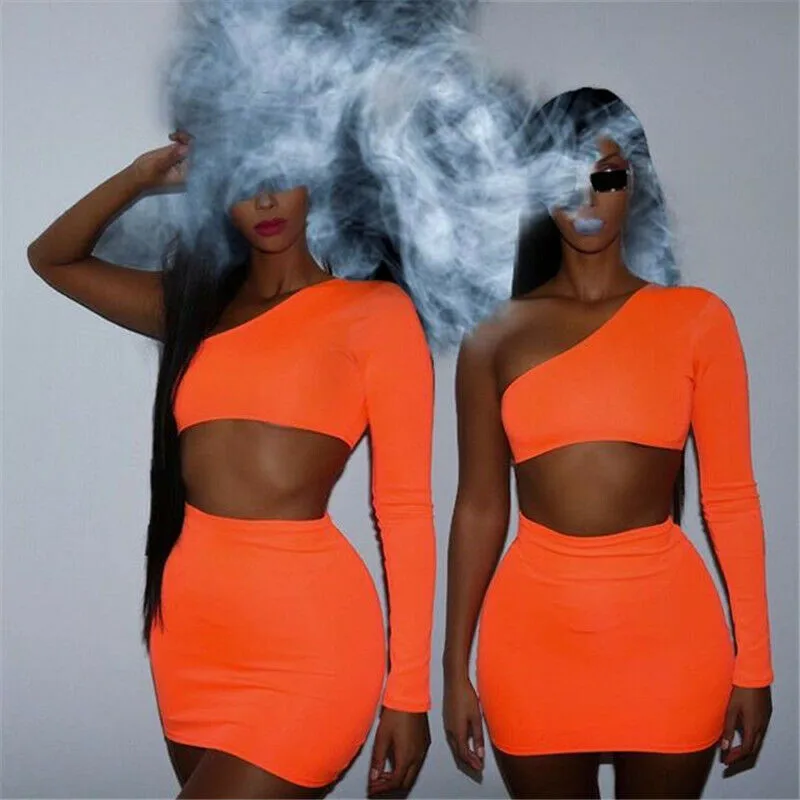 

HIRIGIN 2019 Women One Shoulder Chest Wrap T-shirt Crop Tops Solid High Waist Pencil Skirt Set Bodycon Clubwear Women Dress 2pcs
