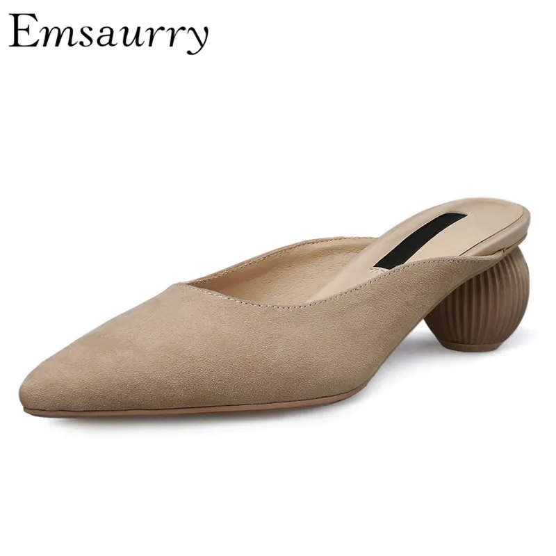

2019 New Style Pointed Toe Mules Kid Suede Shallow Slim Shoes Individual Ball Strange Heel Spring Outwear Slippers Women