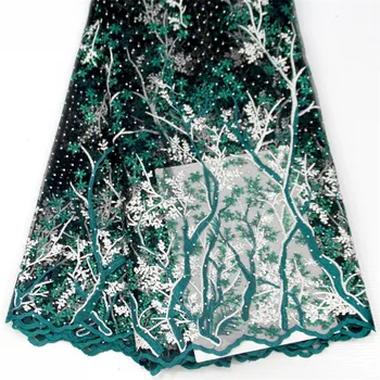 

HFX Green African Wedding Dress Net Lace Latest Rhinestones Embroidered High Quality Tulle Lace Fabric with Beads X1283-1