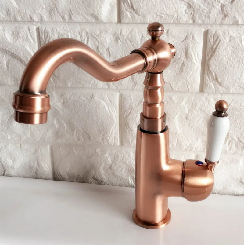 Antique Red Copper Brass Bathroom Kitchen Basin Sink Faucet Mixer Tap Swivel Spout Single Handle One Hole Deck Mounted mnf409