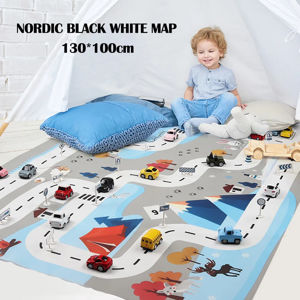 

MUQGEW Kids Play Mat City Road Buildings Parking Map Game Scene Map Educational Toys Crawling Mat Double Surface Baby Carpet
