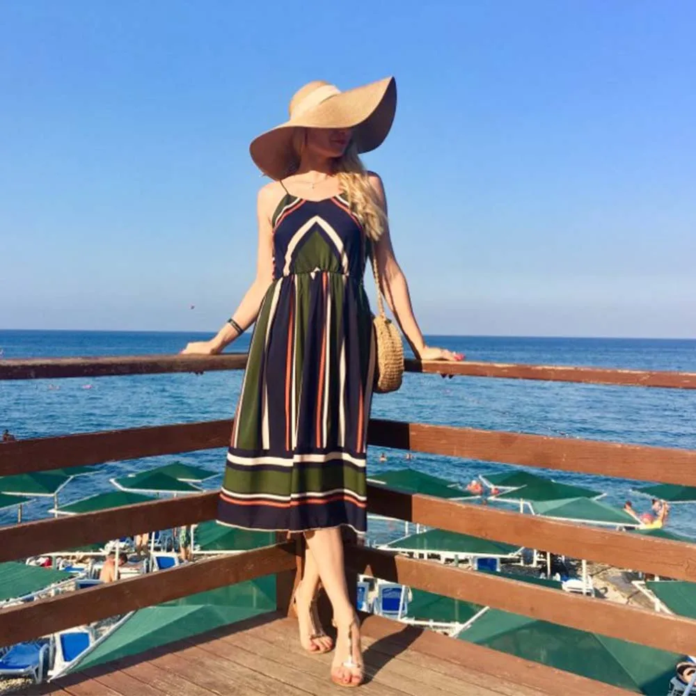 AZULINA Casual Striped Beach Dress Women Sexy Sleeveless Spaghetti Strap Midi A Line Summer Party Dress 2018 Sundress Vestidos