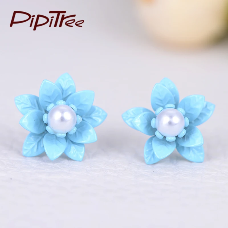 

Pipitree Fashion Jewelry Candy Color Gold Color Flower Stud Earrings Imitation Pearl Hypoallergenic Earrings For Women Gift