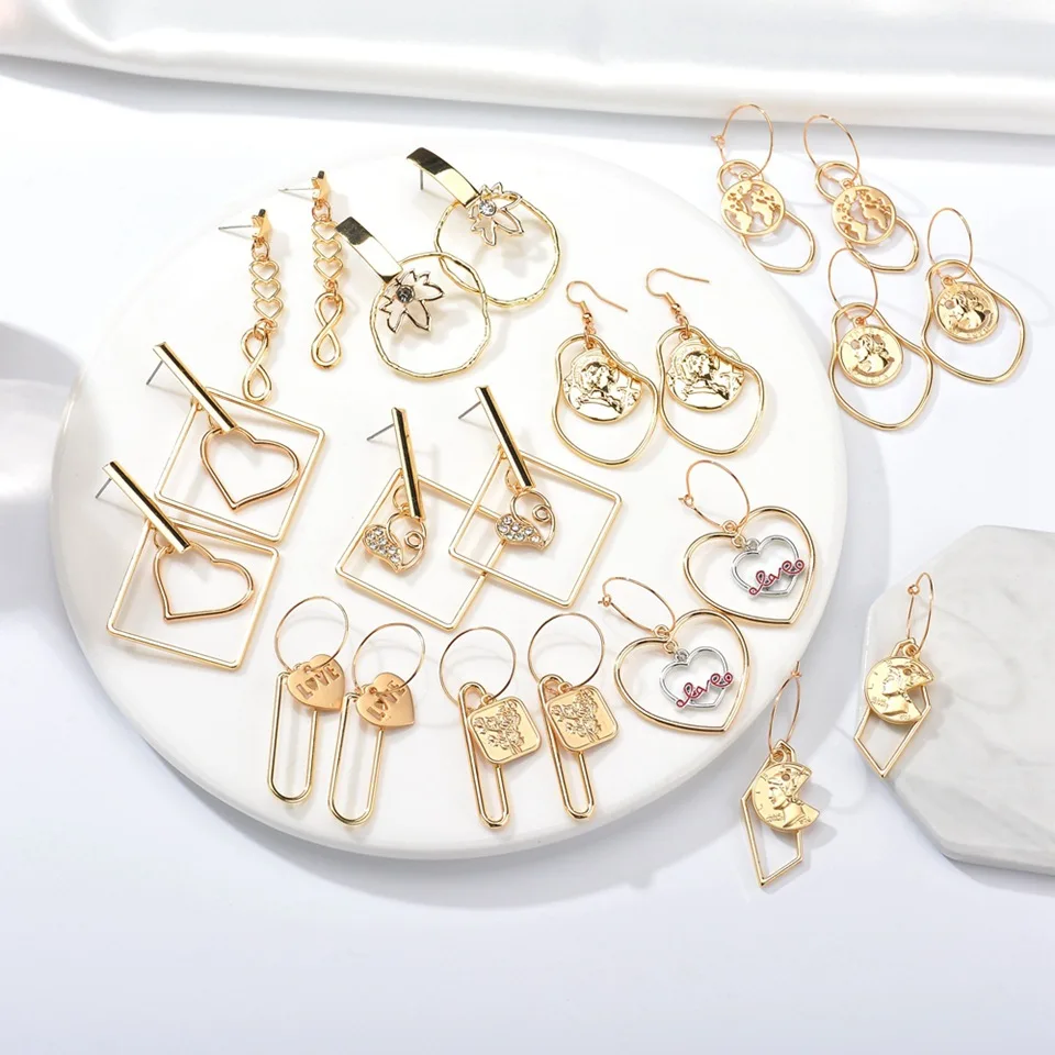 

Fashion Alloy Statement Earring 2019 Gold Color Geometric Heart Shape Dangle Earrings for Women Wedding Party Jewelry Accessory