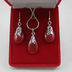 Горячие продажи @> Бесплатная доставка Прекрасный Красный нефрит Teardrop ожерелье Крюк серьги набор Природных ювелирных изделий Невесты