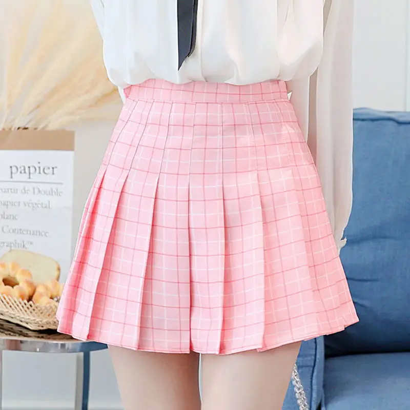 Harajuku, консервативный стиль, клетчатая мини плиссированная юбка для женщин, лето, корейские милые сексуальные юбки с высокой талией, уличная одежда для школьниц Tumblr - Цвет: Розовый