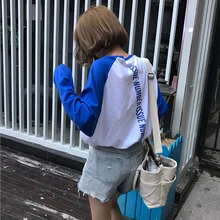 Осенняя одежда корейский стиль Ulzzang Harajuku Лоскутная свободная печатная Футболка с длинным рукавом для женщин Повседневная футболка Топ