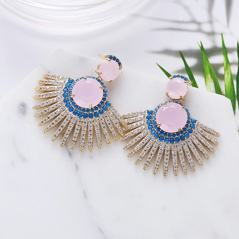 

New Fan Shape Geometric Zirconia Dangle Earrings Blue Fashion Women Copper Metal Plating Jewelry for Party Wholesale Brazil
