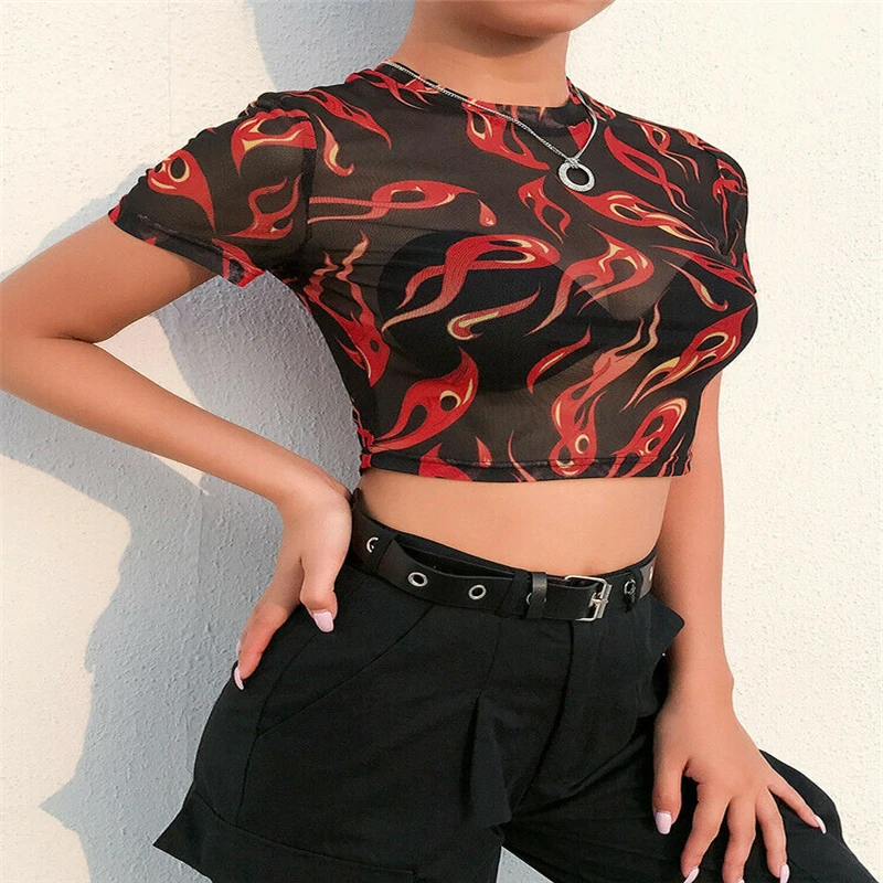 

Sexy Tshirt Women Sexy Transparent Mesh Flame Print Sheer T-Shirt Tee See Through Design Classy Graceful Tshirts