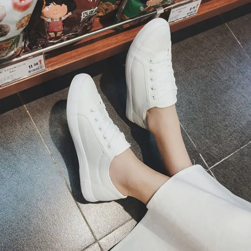 SJJH Women White Canvas Skateboarding Shoes Comfortable Flats Sneakers Ladies Vulcanize Casual Chaussure Lace-up Footwear D222