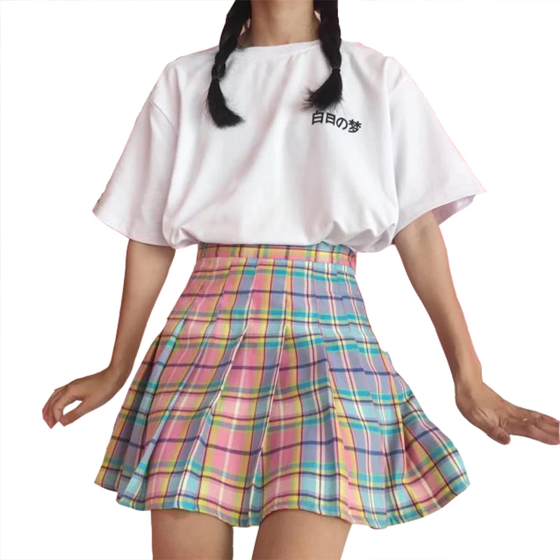 High waisted pleated mini plaid skirt 2018 summer preppy school girl