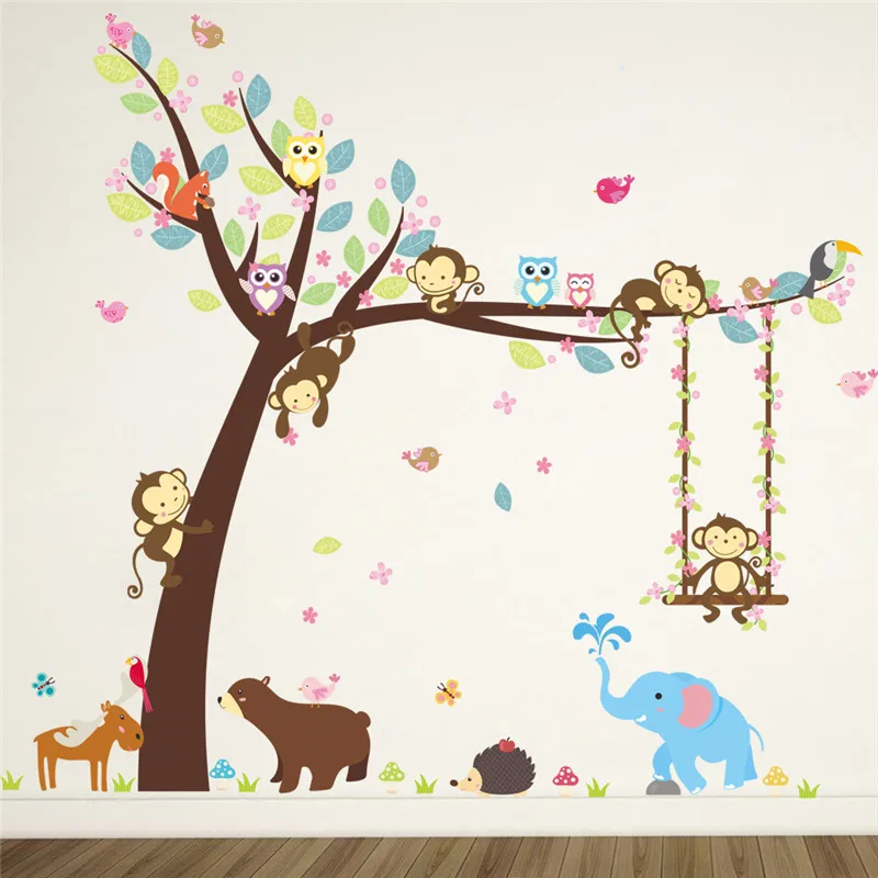 Джунгли Дикий Лес Животные Слон Обезьяна Дерево наклейки на стену для детской комнаты Детская Наклейка на стену Декор для спальни Фреска