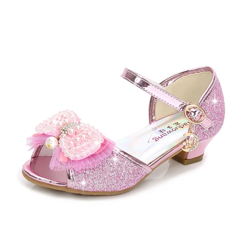 Princess Style Party Shoes Children Sandals Girls Glitter Wedding Crystal High Heel Shoes Open Toe Kids Sandals for Girl CSH819 - Цвет: Розовый