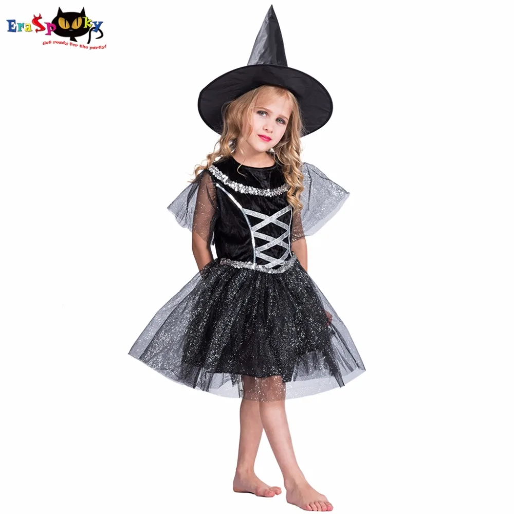 Eraspooky костюм для детей Фея 2018 черная ведьма Хэллоуин косплей девушки блеск карнавал вечерние детское платье для 4-14 лет