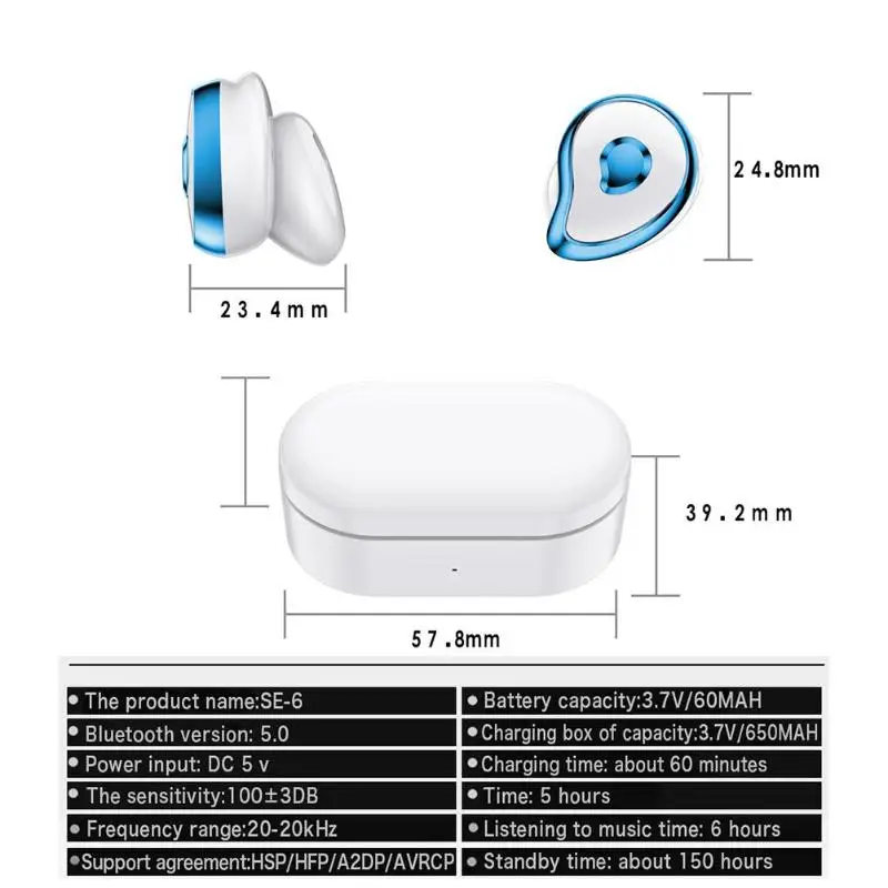 SE6 Мини Bluetooth наушники Беспроводной Hi-Fi стерео наушники для iOS и Android