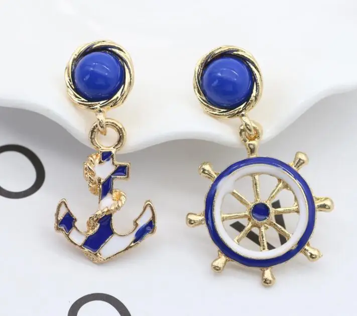 

Enamel Anchor&Rudder Dangle Earrings Blue White Sea Cartoon Cute Style Personality Asymmetric Female Long Drop Earrings Woman Gi