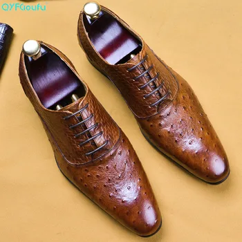 

QYFCIOUFU 2019 Classic Formal Dress Shoes For Men Genuine Leather Ostrich Pattern Shoe Male Wedding Office Oxford Suit Shoe