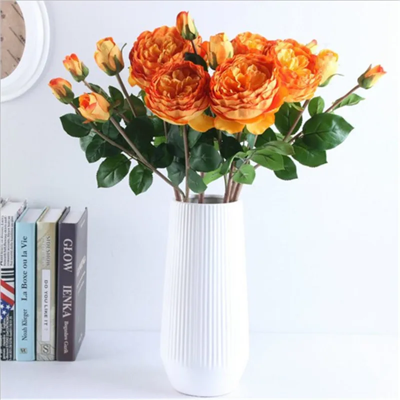 Orange Artificial Flowers Silk Roses Real Touch Bridal Wedding Bouquet
