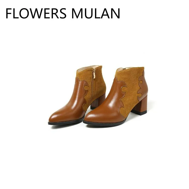 

Chic Sewing Flame Pattern Ankle Boots For Women Pointed Toe Chunky Heel Winter Shoes Woman Side Zipper Ladies Booties Zapatos