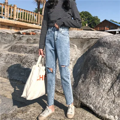 

S-XL 2018 new spring personality with hole high waist loose ankle-length pants BF Style harem pants