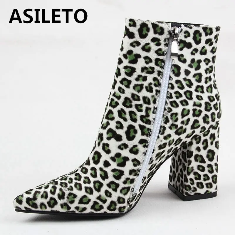 

ASILETO leopard women boots pointed high heels zipper party dress shoes ladies Chelsea short booties printed pigskin insole bota