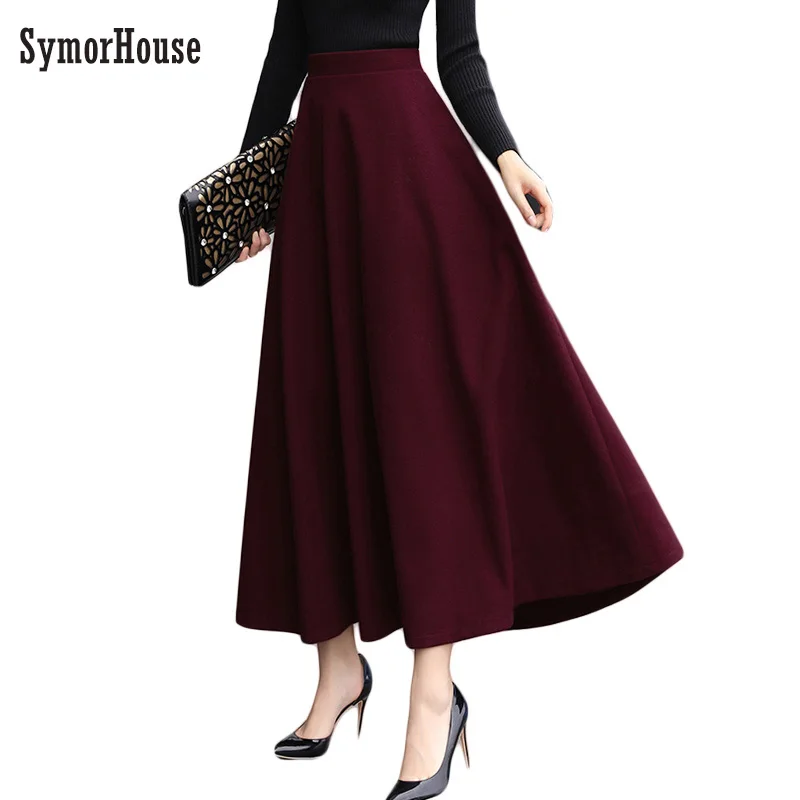 

2019 lady jupe elegant Autumn Winter A-line wool Skirt Femininos Saias High Waist Women Long Warm Women Skirt Woolen feminina