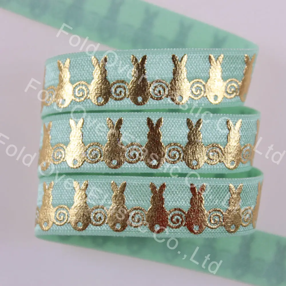 

Free shipping 5/8" 15mm gold foil bunny printed fold over elastic #513 Pastel Green for hair tie, 100yards/lot