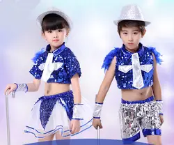Детская джаз танцевальные костюмы для мальчиков и девочек Блестки Перо одежда для сцены синий и золотой ребенка костюмы для сценических