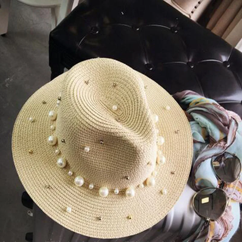 Ymsaid/Новинка года; летняя соломенная шляпа в британском стиле с жемчугом и бисером; затенение от солнца; женская пляжная шляпа - Цвет: beige