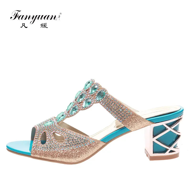 Fanyuan Sexy Gold Blue High Heels Slides Solid Crystal Women's High Pumps Slippers Outdoor Hollow Rubber Heels Ladies Stilettos