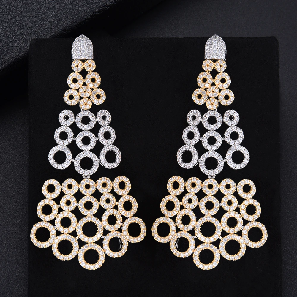 

69MM Popular Geometry Triangle Fans Circle Hollow Pendant Full Cubic Zirconia Dangle Earings Women Wedding Bridal Jewelry
