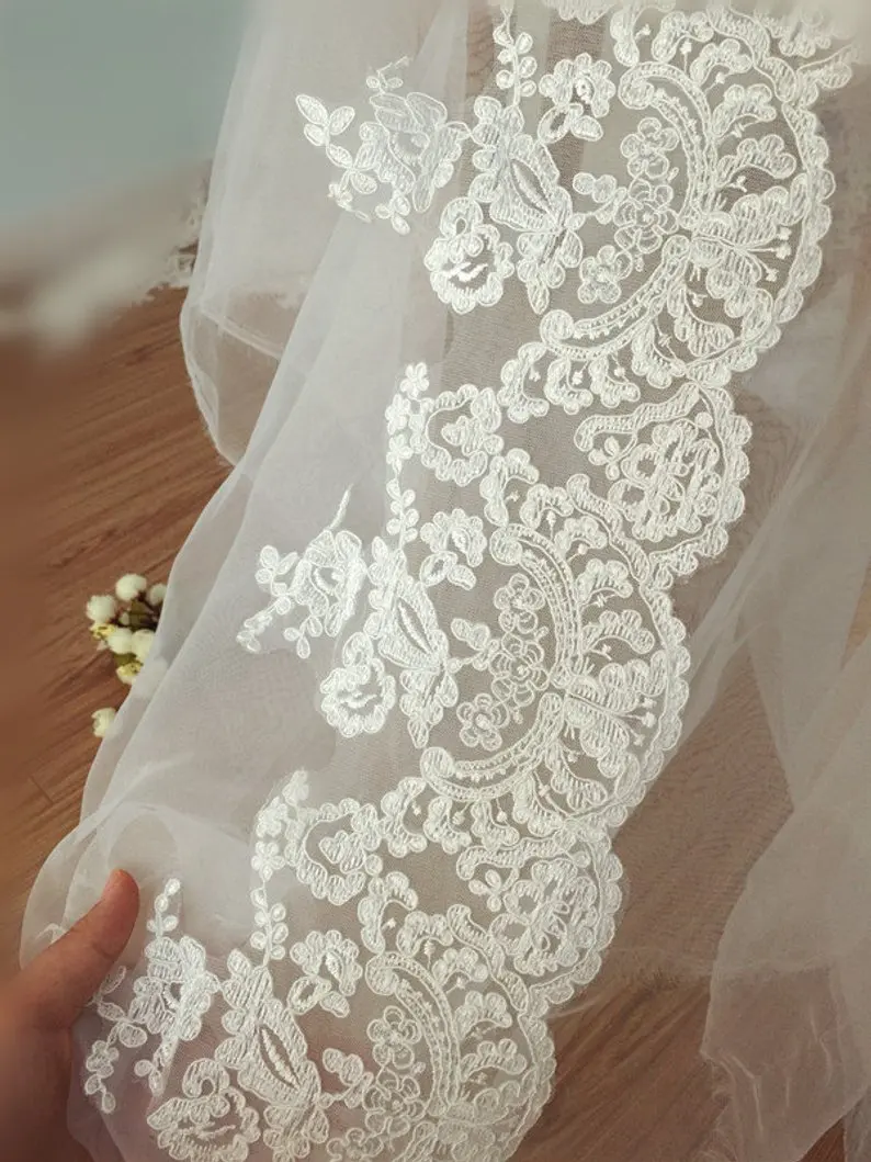 

5 yards Beautiful Bridal Veil Alencon Lace Trim , Retro Mesh Vintage Embroidered Bridal Veil Lace Patch Motif