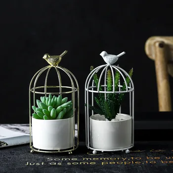 

Ins Light Luxury Iron Flower Pot Gilded Cage Iron Frame Vase Nordic Gold Iron Art Ceramic Water Pot