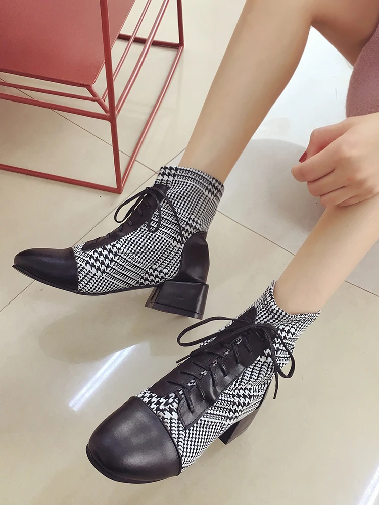 

Large Size Women Boots Fashion Plaid Pointed Toe High Heels Women's Shoes Sexy Autumn Winter Ankle Boots female