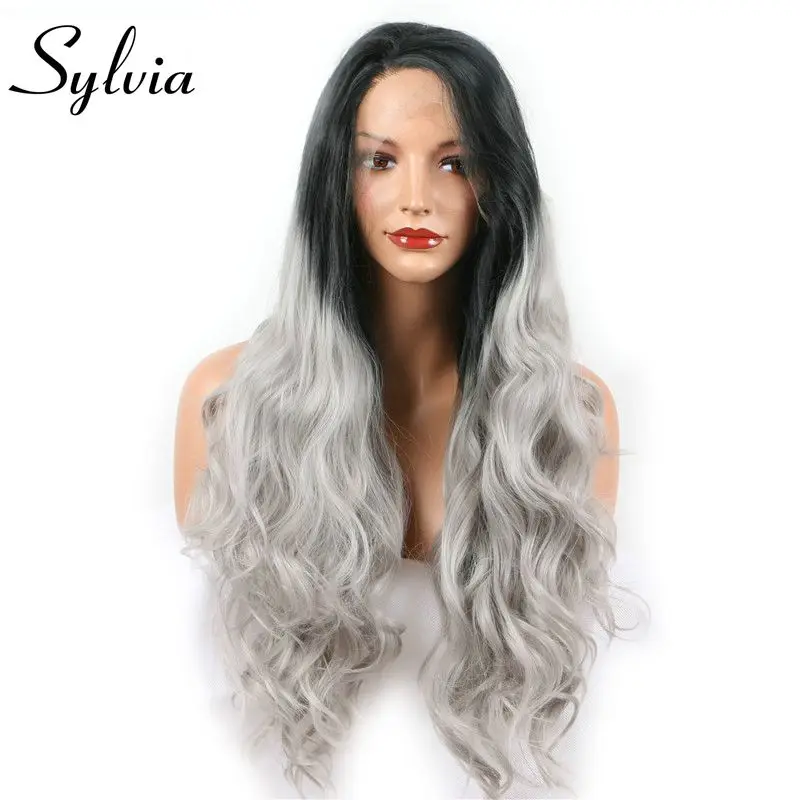 Sylvia Black To Grey Two Tone Ombre Body Wave Wig Synthetic Lace Front Wigs For Women Heat Resistant Fiber Long Hair body-wave