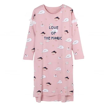 

New 100% Cotton Nightgown Women Nightdress Cartoon Sleepwear Loose Big Nightgowns Pink Sleepshirts Dress Lounge Fashion Clothing