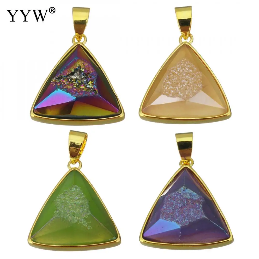 

1 PC 20x21x8mm Gold Color Plated Triangle Brass Pendant Faceted Natural Ice Quartz Agata Stone Pendant fit Necklace Women Men