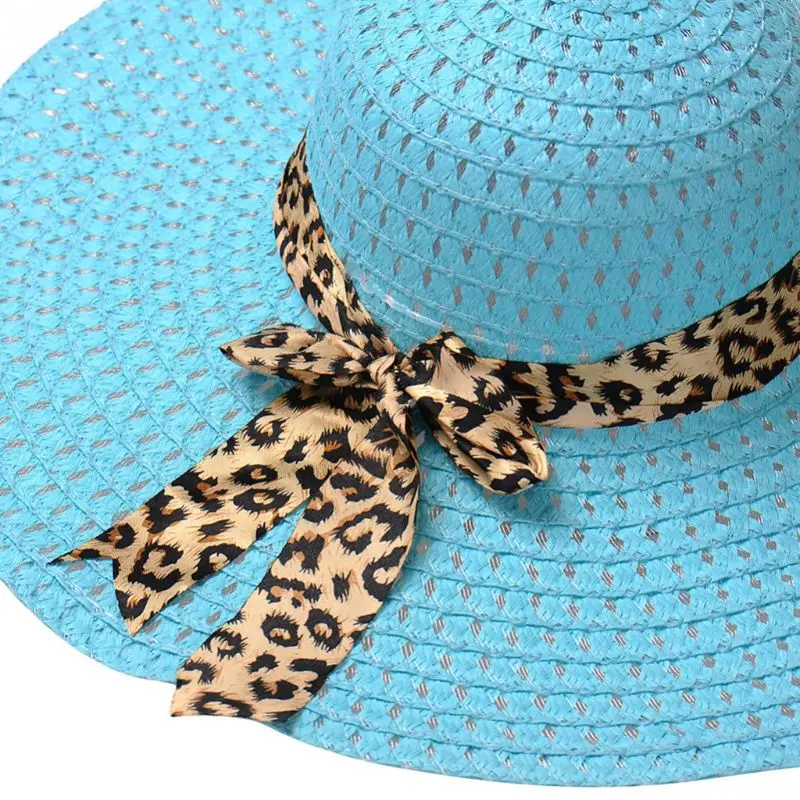Женская летняя соломенная Солнцезащитная шляпа с волнистым точечным вырезом, Экстра широкая полочка, кепка с покрывалом в стиле ретро, леопардовая лента, бант, сладкий, карамельный цвет