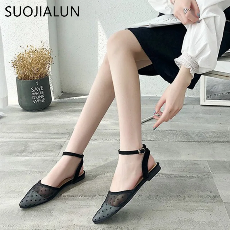 

SUOJIALUN 2018 Summer Women Flat Shoes Sexy Mesh Ankle Buckle Mules Pointed Toe Flat Sandals Mules Shoes Female Slides