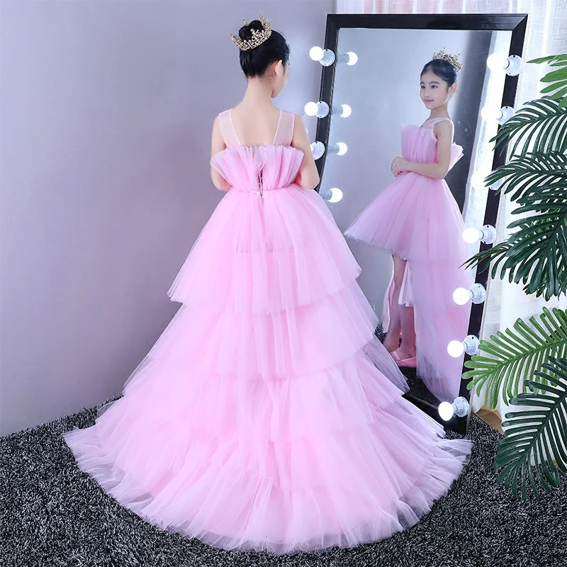 2-12Y New Design Princess Dress Long Trailing Ball Gown Summer Wedding Dress First Communion Dress Pink Evening Party Gown A159