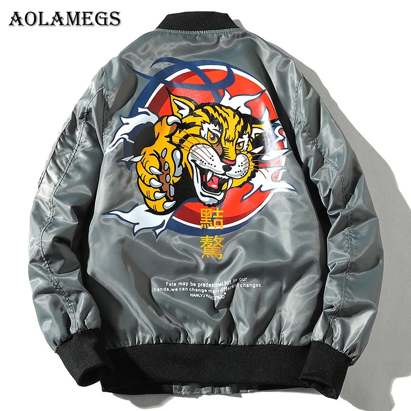 

Aolamegs Jackets Men Tiger Printed Thin MA1 Jacket Tracksuit Coats Loose Hip Hop Stand Collar Male Windbreaker Streetwear Spring