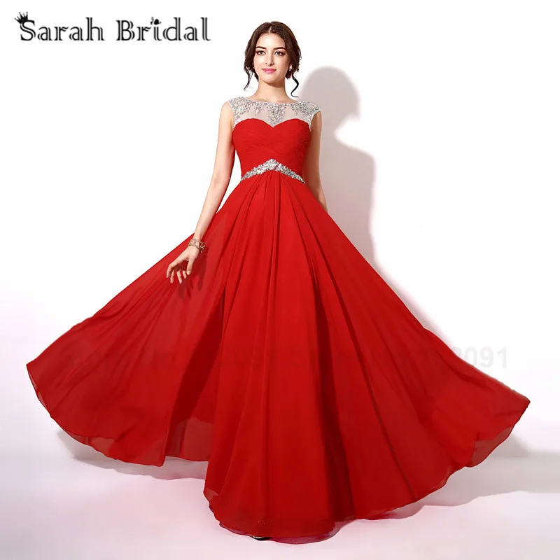 

In Stock Dress Red Cap Sleeve Crystal Chiffon Evening Party Dress 2017 Cut Out Back Floor-Length Long A Line Prom Gowns SD196