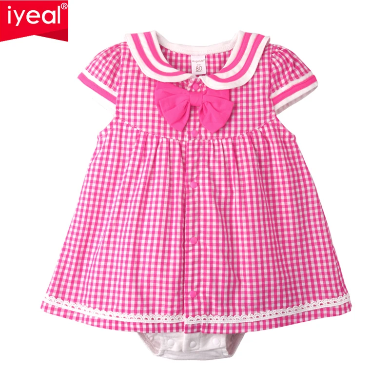 

IYEAL Newest Summer Baby Girl Romper Cute England Preppy Style Short Sleeve Girls Jumpsuit Plaid Cotton Infant Newborn Clothes