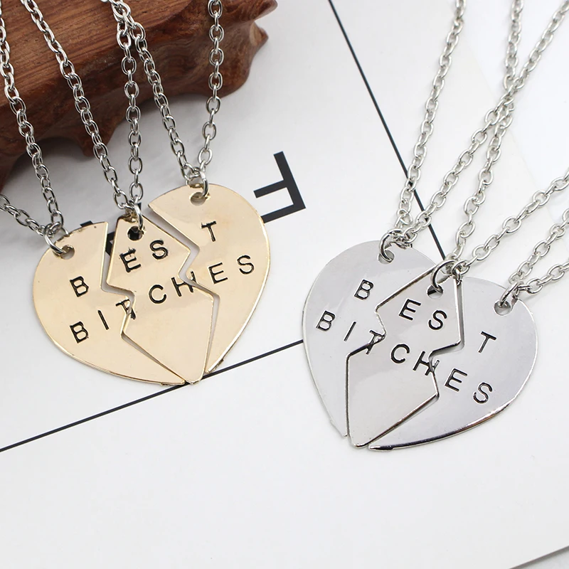 кулон сердце для подруг. серебряная подвеска bitch. парные брелоки для лучших подруг. цеп разделенное сердце на три части для лучших подружек. кулоны на троих.