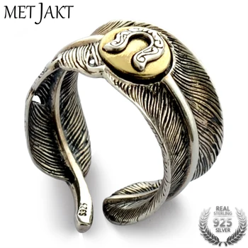 

MetJakt Vintage Handmade Feather Ring with U Logo Solid 925 Sterling Silver Open Ring for Unisex Thai Silver Jewelry